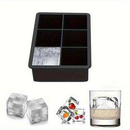 6-Cell Large Silicone Ice Cube Tray, Food-Grade Square Ice Mold for Cocktails Party BBQ, Freezer Safe