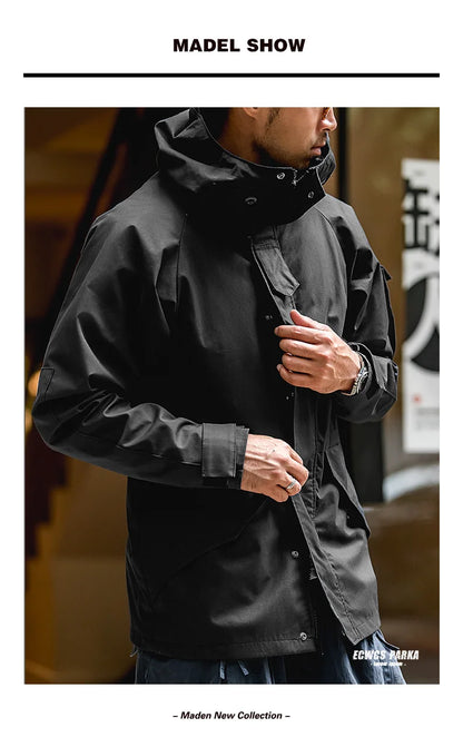 Maden Outdoor Sports Hooded Jacket for Men Black Windbreaker Motorcycle Style Mid-length with Multi-pockets Coat for Autumn