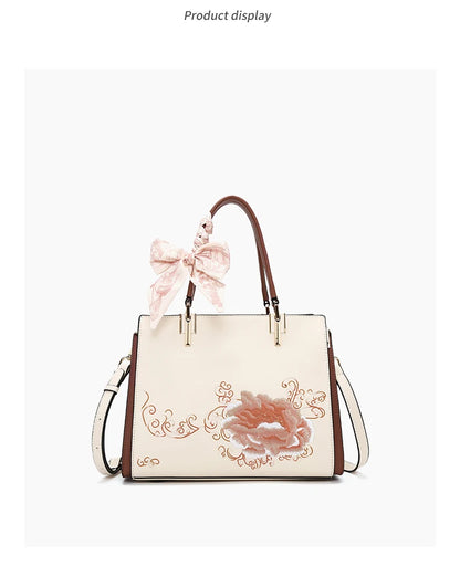FOXER Luxury Embroidery Women's Handbag Split Leather Elegant Lady Tote Bag Chinese Style Shoulder Bag Best Mother's Day Gift