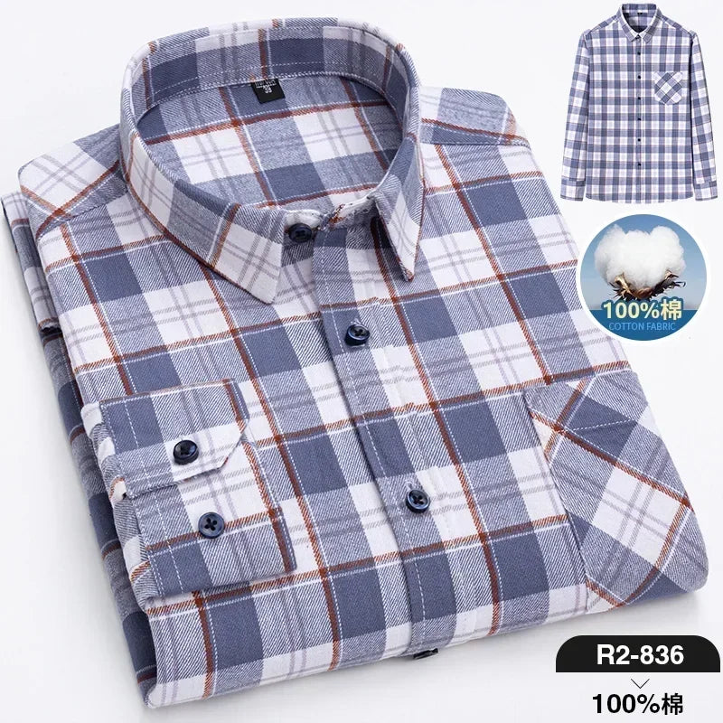 Pure Cotton Men's Plaid Shirt - Oversized Long Sleeve Casual Shirt for Plus Size