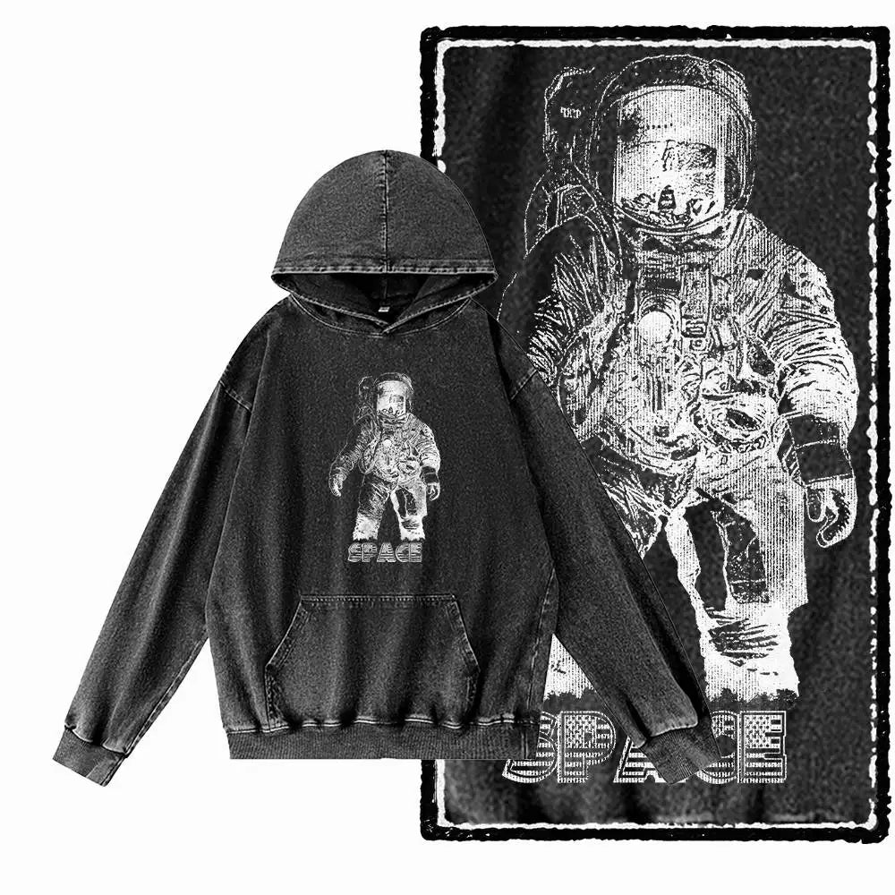 Cosmic Drift Space Graphic Acid-Washed Black Hoodie