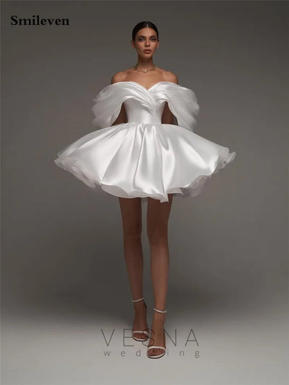 Smileven A Line Soft Satin Off The Shoulder Short Wedding Dress