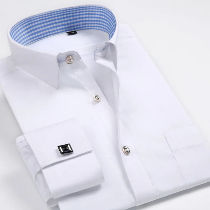 Quality Gentle Formal Men's Dress Shirt with French Cuff, Long Sleeve Solid & Striped Styles, Plus Size & Cufflinks Included