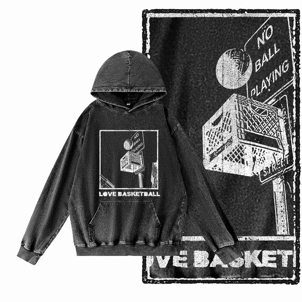 Courtside Basketball Graphic Acid-Washed Black Hoodie