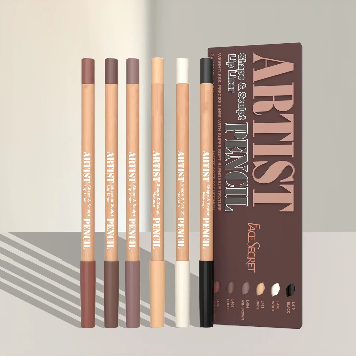Face Secret Artist Shape Sculpt Lip Liner Pencil Set for precise makeup application in natural shades.