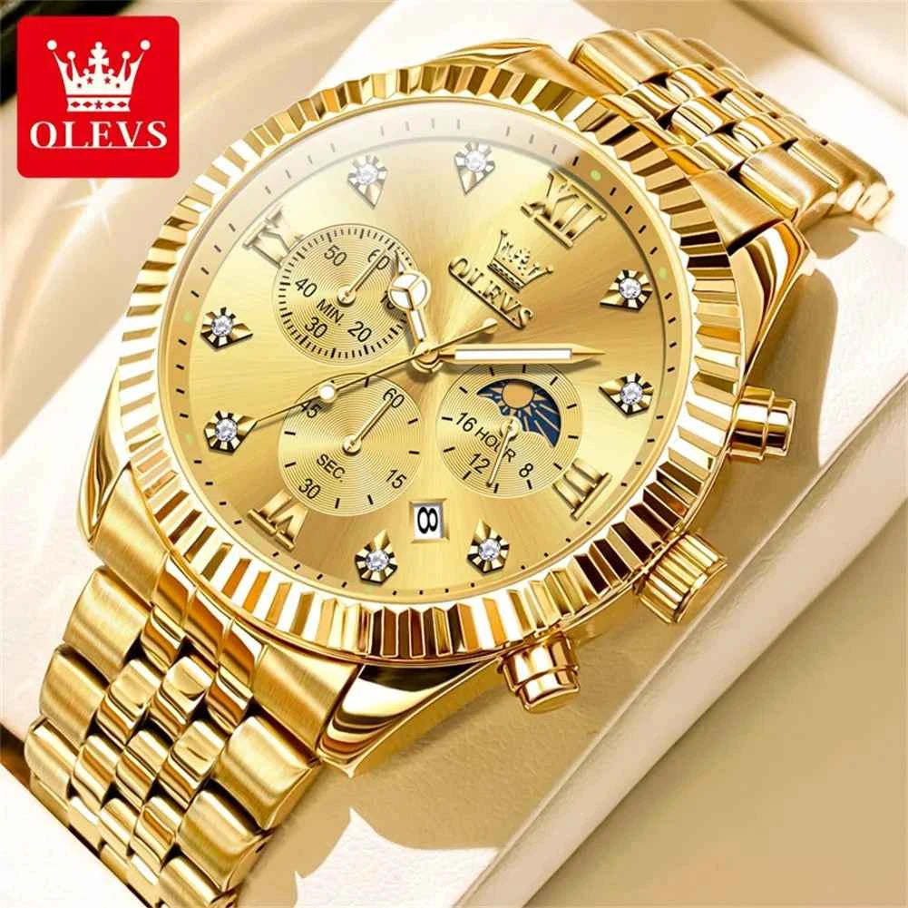 OLEVS 2932 Mens Luxury Watch - Original Brand Calendar Quartz Moon Phase Multifunctional Chronograph for Men Gifts