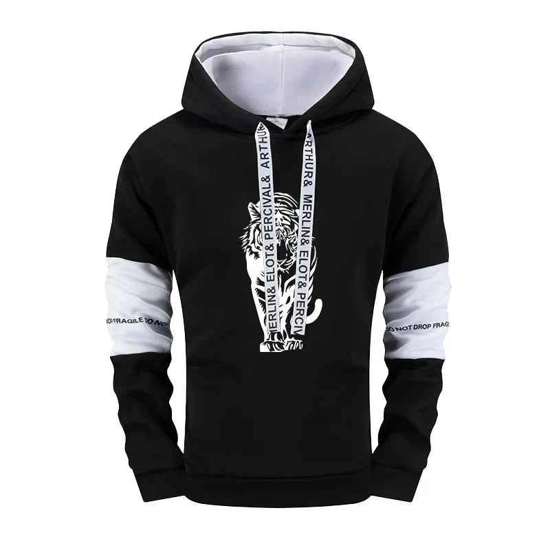Tiger Printed Men's Tracksuit - Black White Mix Hoodies and Sweatpants for Urban Fashion Casual Outfits