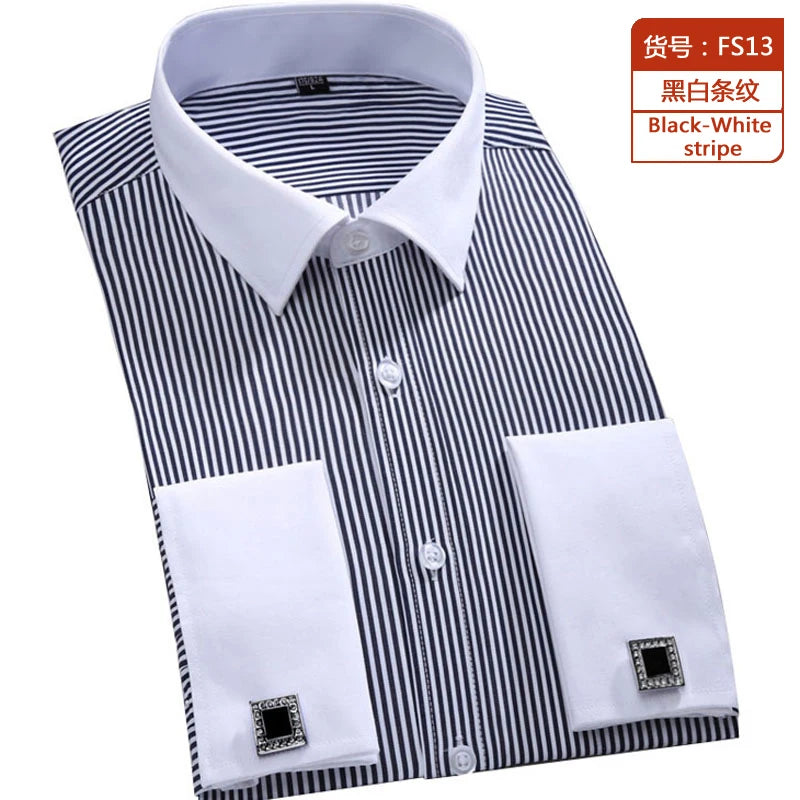 Quality Gentle Formal Men's Dress Shirt with French Cuff, Long Sleeve Solid & Striped Styles, Plus Size & Cufflinks Included