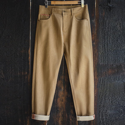 Maden Men‘s Khaki 11.7oz Selvedge Raw Jeans Vintage Straight-Leg Cowboy Pants Casual Zip Fly Cotton Trousers for Spring Autumn