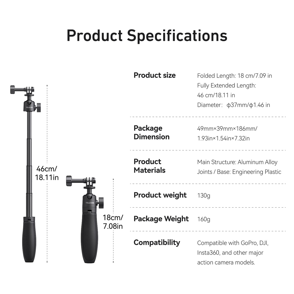 TELESIN Mini Selfie Stick Tripod 3.0