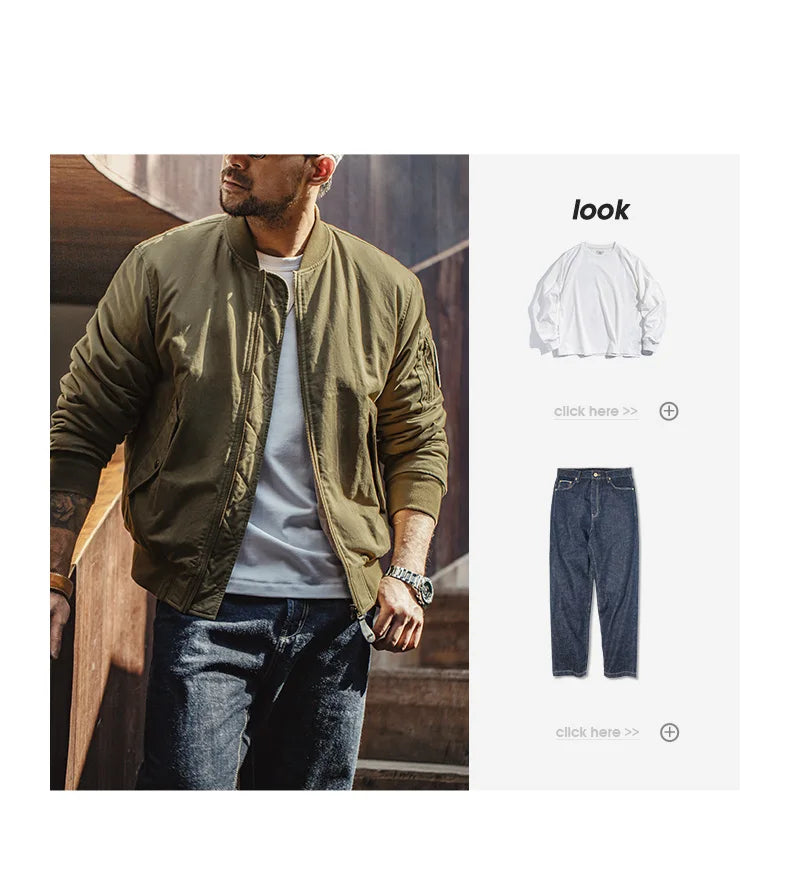 Maden Reversible MA-1 Flight Jackets for Men Baseball Collar Small Square Texture Fall and Winter Thickened Coats Cotton Jacket