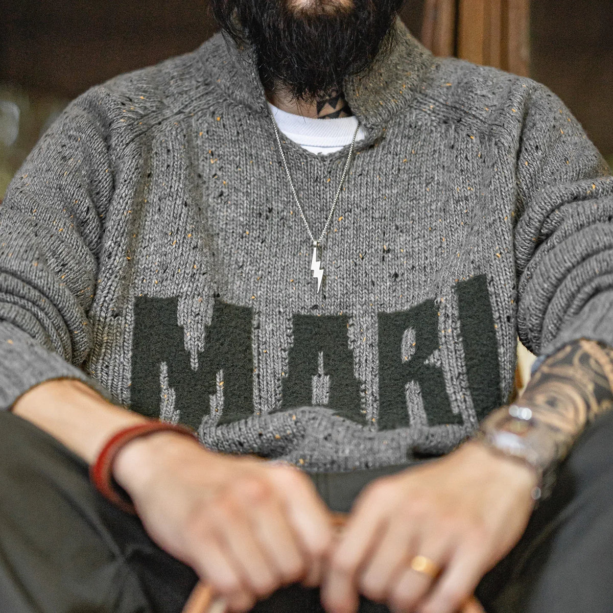 MADEN Grey Letter Jacquard Sweater