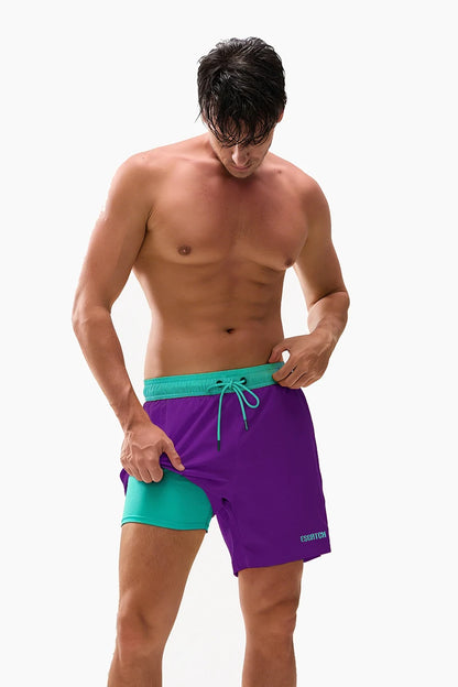 Men's beach embroidery logo boardshorts by ShopHub NZ with long lining, elastic waist, ideal for swimming and gym activities
