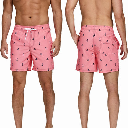 Men's summer boardshorts by ShopHub NZ featuring polyester fabric, colorful print, quick-dry material, and breathable mesh liner.