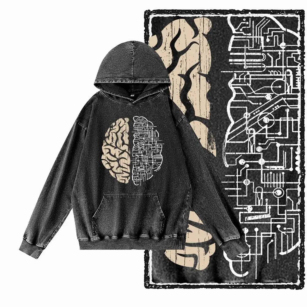 COOLMIND G25 Vintage Print Acid-Washed Black Hoodie