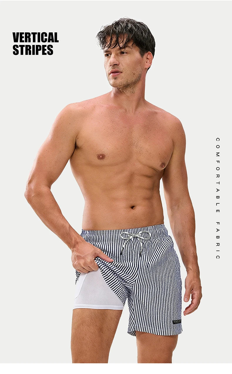 Men's DATIFER 2026 beach shorts with classic print, elastic waist, and 2-in-1 design, suitable for swimming and casual wear.
