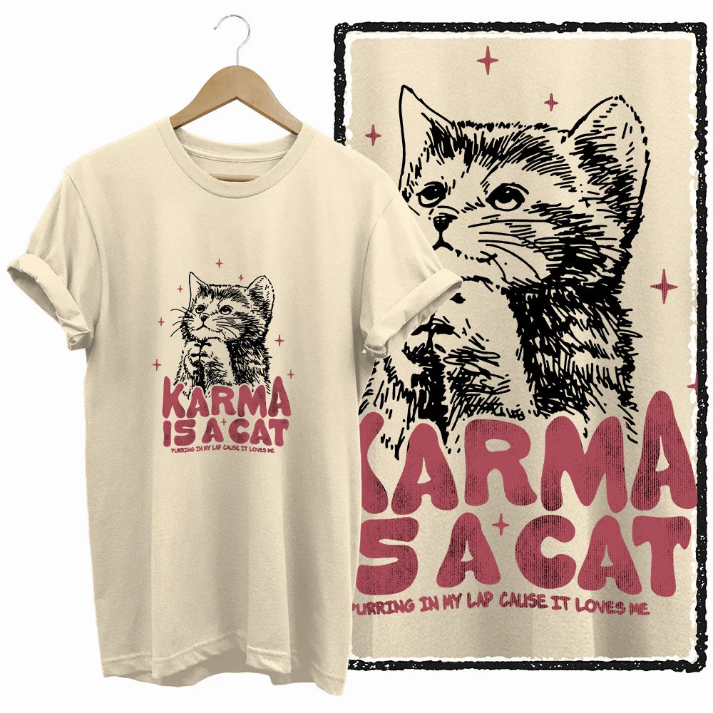 COOLMIND 100% Cotton Beige Cat Print Exclusive Graphic Women T Shirt Big Size Loose Cotton Cat Lover Women T Shirt Lovely Cat Te