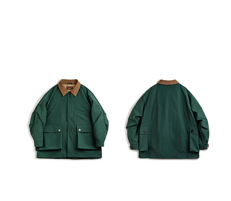 Maden Men's Retro Multi-pocket Safari Jacket Green Loose Corduroy Lapel Classic Coat Versatile Outerwear for Spring and Autumn