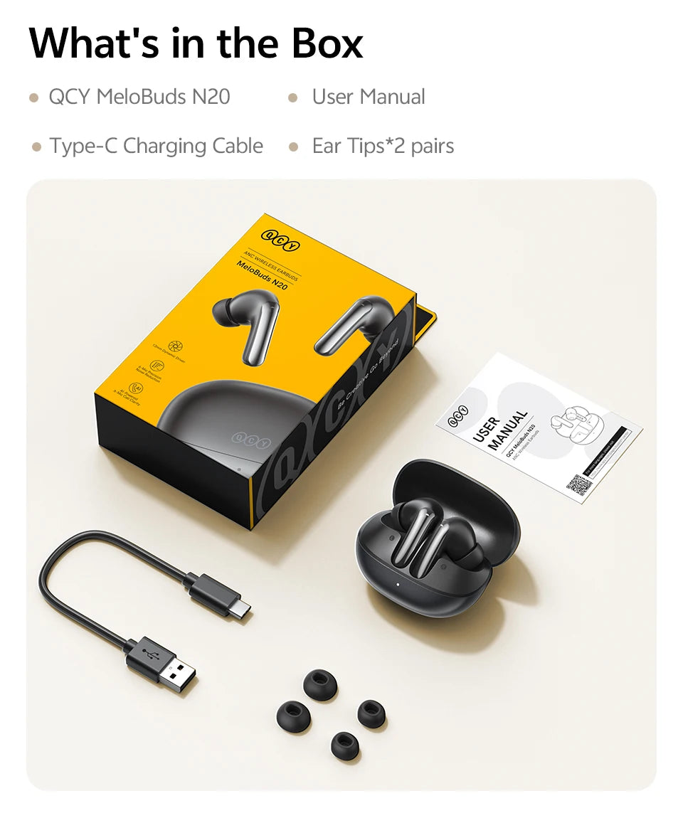 QCY MeloBuds N20 Earphones - Wireless Bluetooth 6.0 with 13mm Drivers and 50dB Adaptive Hybrid Noise Cancelling, 40Hrs Battery Life - ShopHub