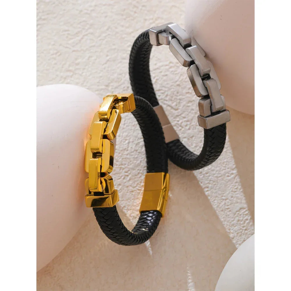 18K PVD Plated Stainless Steel Metal Chain Leather Handmade Men's Bracelet Bangle - ShopHub