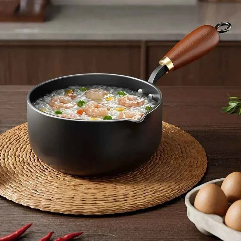 Milk Pot with Wooden Handle, Induction Compatible Small Saucepan for Boiling Milk, Soup & Noodles, With Lid