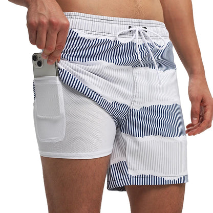 Men's polyester boardshorts with side zipper pockets, long lining, suitable for gym or swimming, in vibrant summer style.