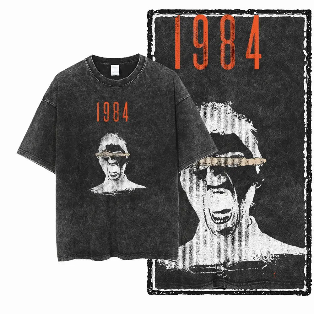 G02 Exclusive 100% Cotton Big Size 1984 Graphic Men T-shirt | Acid Washed Streetwear Cool Vintage O-neck Men's Tee Tshirt