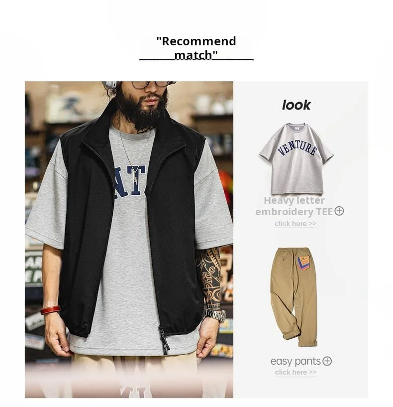 Maden Outdoor Men's Stand Collar Zip-Up Vest Lightweight Black Quick Dry Camping Fishing Waistcoat for Summer Sleeveless Jacket