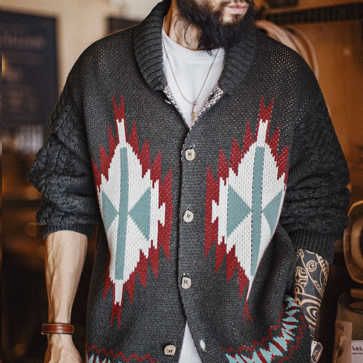 MADEN Retro Jacquard Shawl-Collar Cardigan
