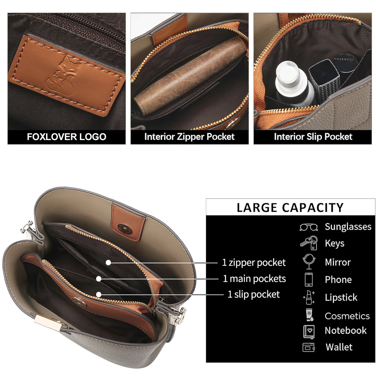 FOXER Brand New Shoulder Bag for Women PU Leather Retro Large Capacity Bucket Bag Female Crossbody Purse Tote Commuting Purse