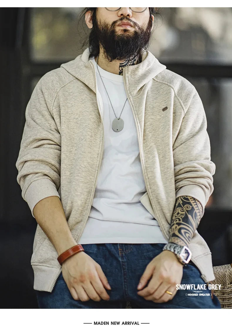 Maden Gray Hooded Sweatshirt for Men Polar Fleece Lining Thickened Warm Zippered Sports Cardigan Autumn and Winter Outer Jacket