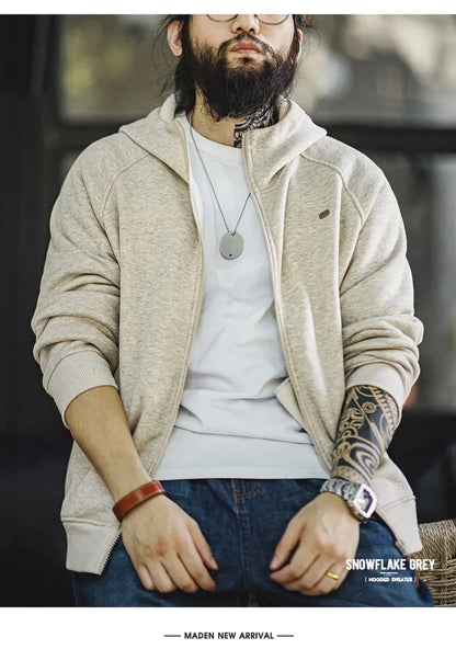 Maden Gray Hooded Sweatshirt for Men Polar Fleece Lining Thickened Warm Zippered Sports Cardigan Autumn and Winter Outer Jacket