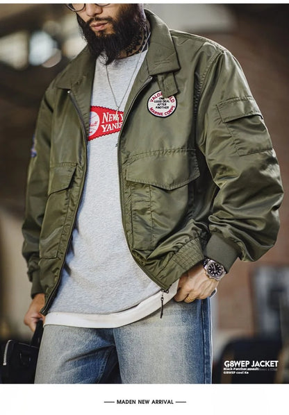 Maden Vintage Military Style G8WEP Jacket Men's Short Length Stand Collar Tactical Coat Green Lightweight Zip-Up Field Jacket