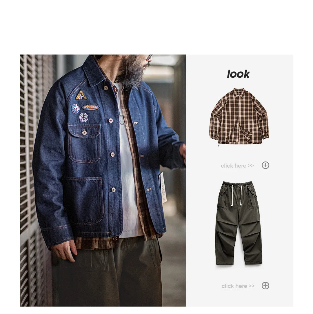 Maden Vintage Embroidered Badge 12.8oz Heavyweight Denim Jacket Washed Lapel Casual Outerwear for Men Spring and Fall Chore Coat