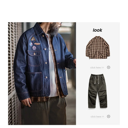 Maden Vintage Embroidered Badge 12.8oz Heavyweight Denim Jacket Washed Lapel Casual Outerwear for Men Spring and Fall Chore Coat