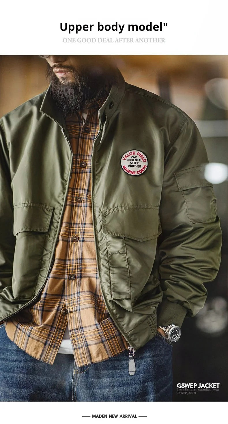 Maden Vintage Military Style G8WEP Jacket Men's Short Length Stand Collar Tactical Coat Green Lightweight Zip-Up Field Jacket