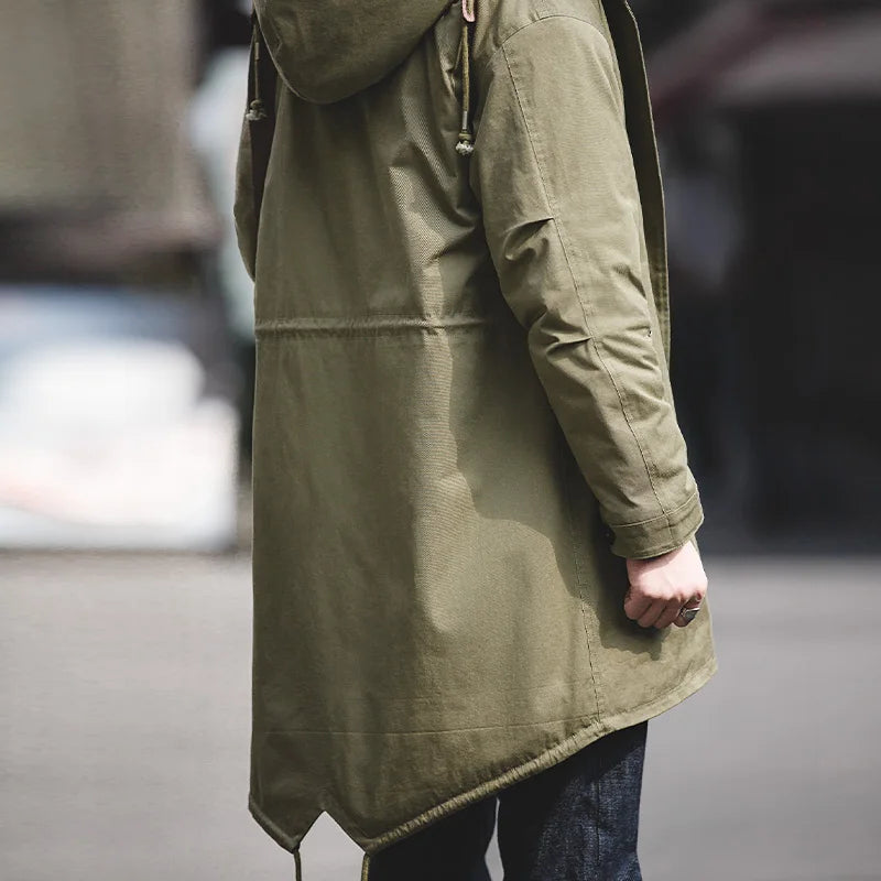 Maden Men's Thick Hooded M-51 Fishtail Cotton Coat Plus Velvet Parka Jacket Green Windbreaker Winter Autumn Men Trench Coat
