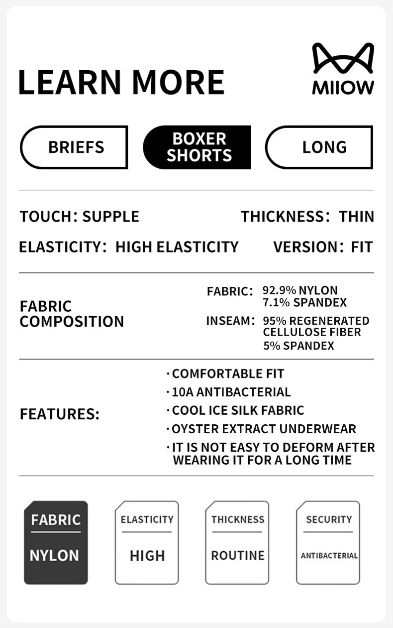 MiiOW Men's Ice Silk Underwear - 4Pcs Antibacterial Breathable Boxer Briefs