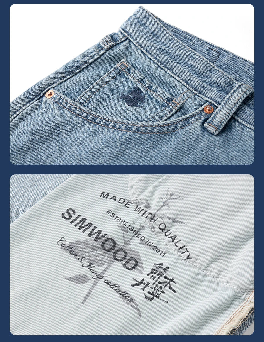 SIMWOOD High Standard 2026 Spring Summer New Baggy Style 12oz  Natural Hemp Cotton Blend  Fabric Jeans Men Vintage Denim Pants