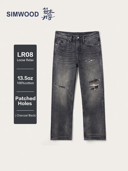 SIMWOOD High Standard 2026 Autumn New 13.5oz Loose Relax Washed Jeans Men Patched Denim Vintage Distressed Streetwear Pants