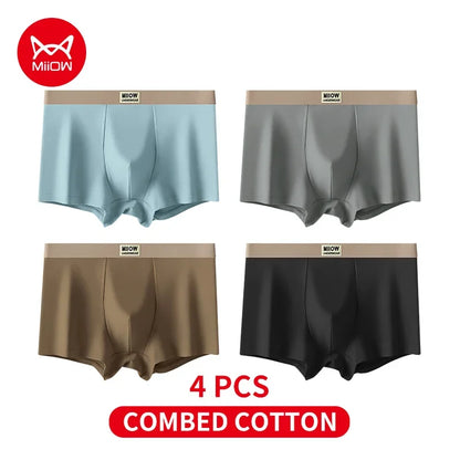 MiiOW 4Pcs Cotton Men's Underwear Soft Antibacterial U-shaped Crotch Breathable Boxer Briefs