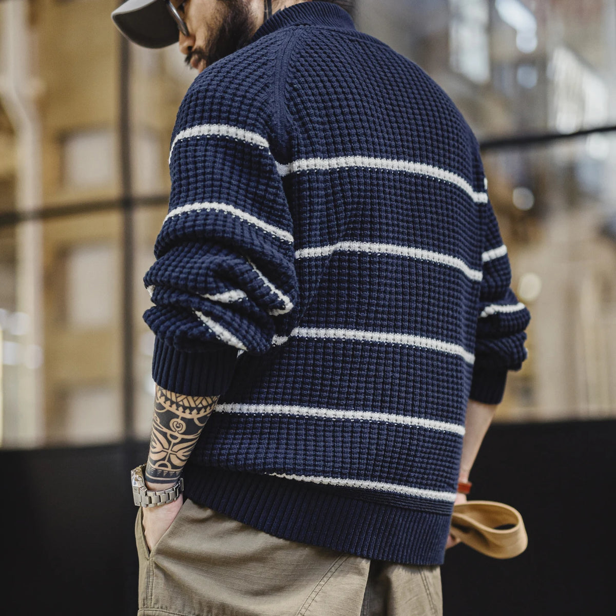 MADEN Blue Striped Cotton-Blend Turtleneck