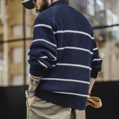 MADEN Blue Striped Cotton-Blend Turtleneck