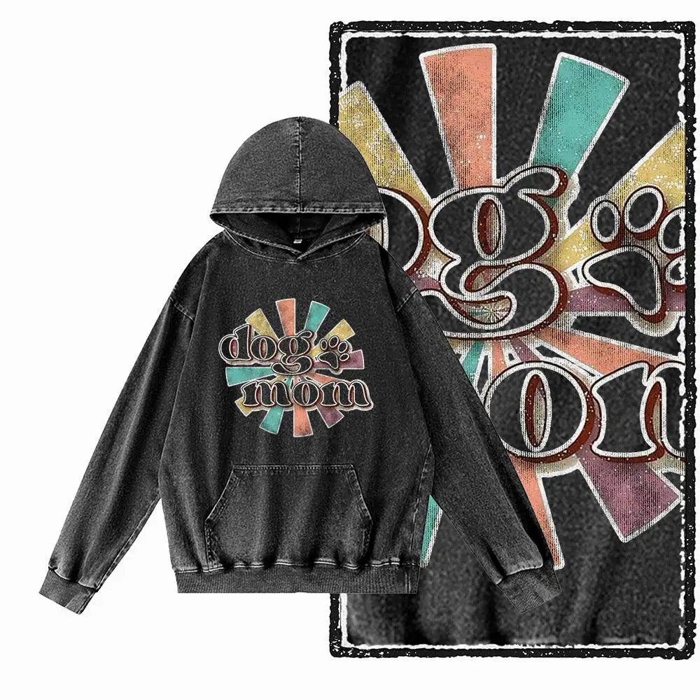 Vintage Dog Graphic Acid-Washed Black Hoodie