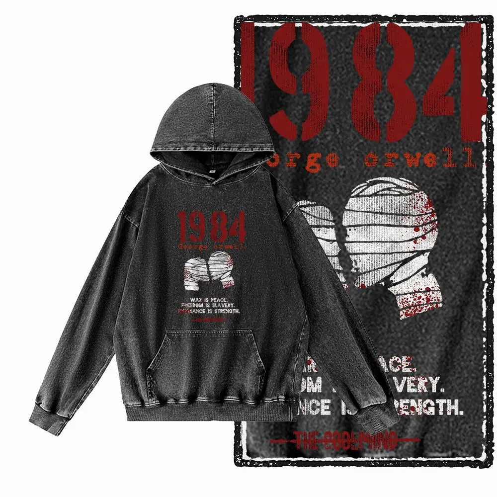 1984 Graphic Acid-Washed Black Streetwear Hoodie