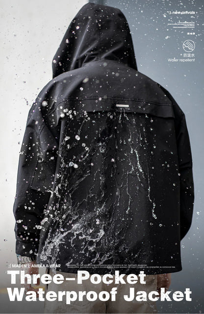 Maden Casual Multi-Pocket Functional Hooded Jacket Black Loose Outdoor Sports Coat for Men's Spring and Autumn Versatile Jacket