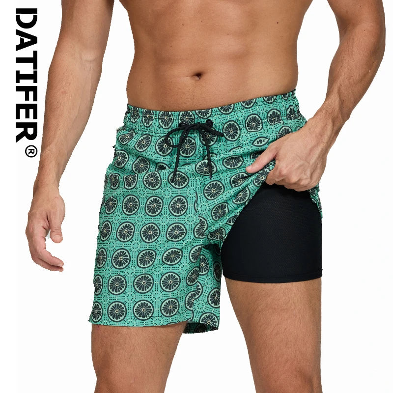 Men's ShopHub NZ DATIFER 2026 fashion boardshorts with side zipper pocket, polyester fabric, long liner, suitable for beach and gym.