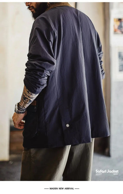 Maden Vintage Men's Blue Safari Jacket Waterproof Hunting Coat Loose Fit Windproof Contrast Collar Windbreak  for Spring Fall