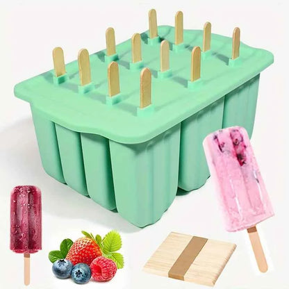 12 Grids Silicone Popsicle Molds with Lid - Easy Release Ice Cream Makers, Reusable Kitchen Baking Tools