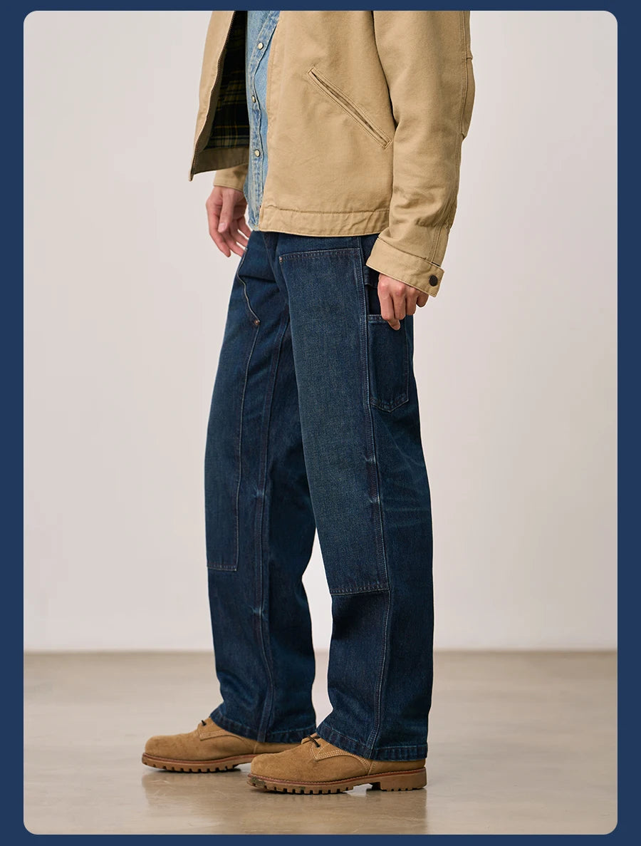 SIMWOOD High Standard 2026 Autumn Winter New 13.5oz Heavyweight Vintage Wash Carpenter Jeans Men Cargo Denim Pants
